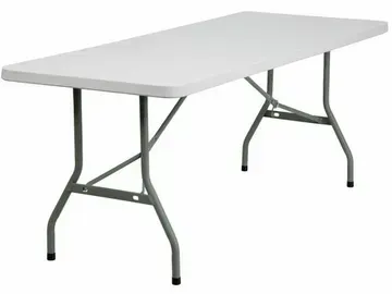 a white folding table with metal legs on a white background .