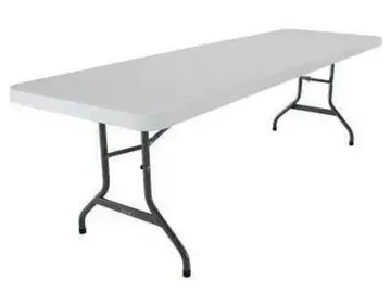 a white folding table with black legs on a white background .