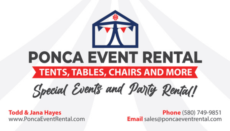 a business card for ponca event rental tents tables chairs and more