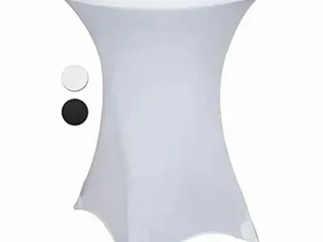 a white table cloth is sitting on top of a white bar table .