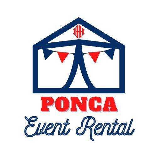 the logo for ponca event rental, tent shaped with string of flags