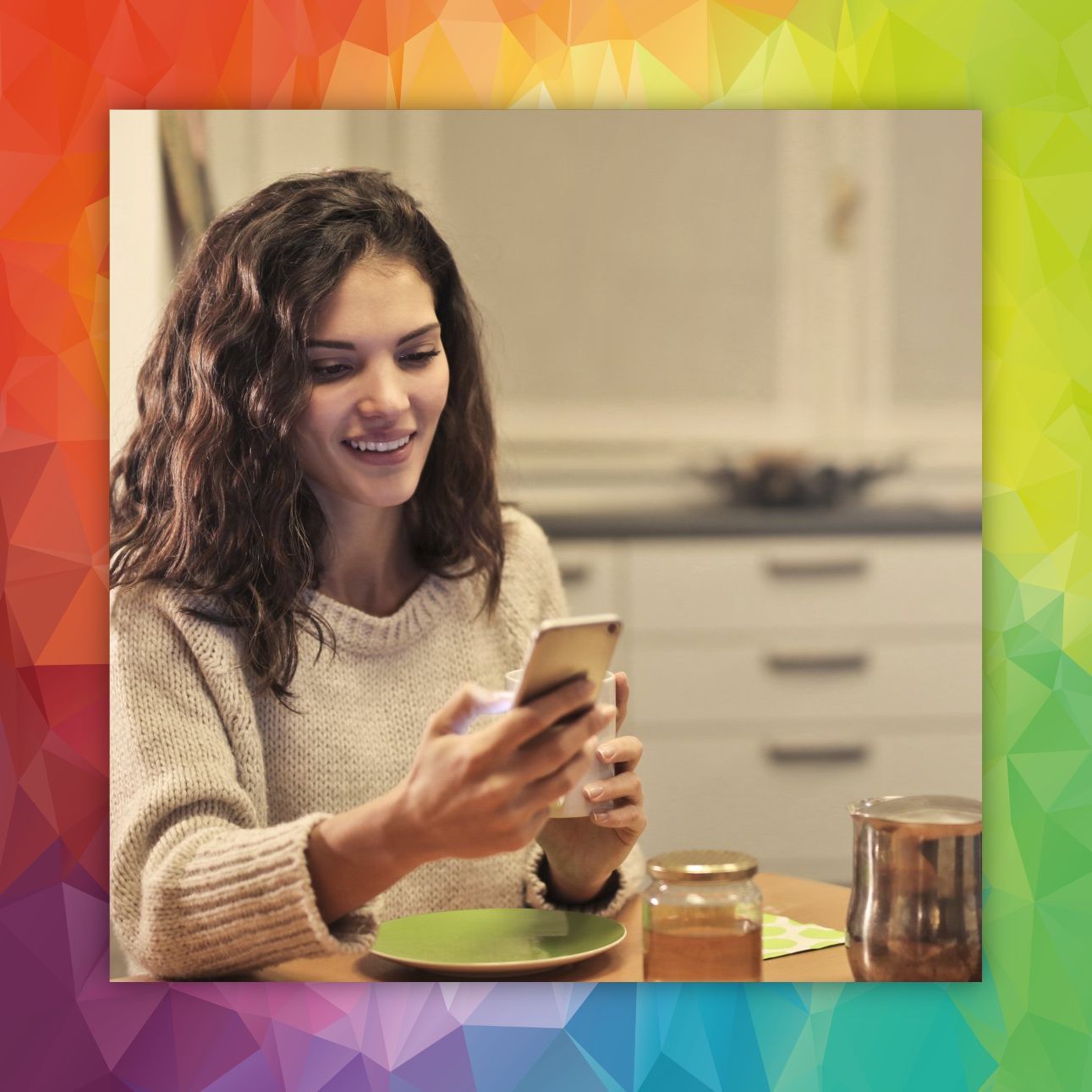 a woman is sitting at a table looking at her phone after placing rental order .