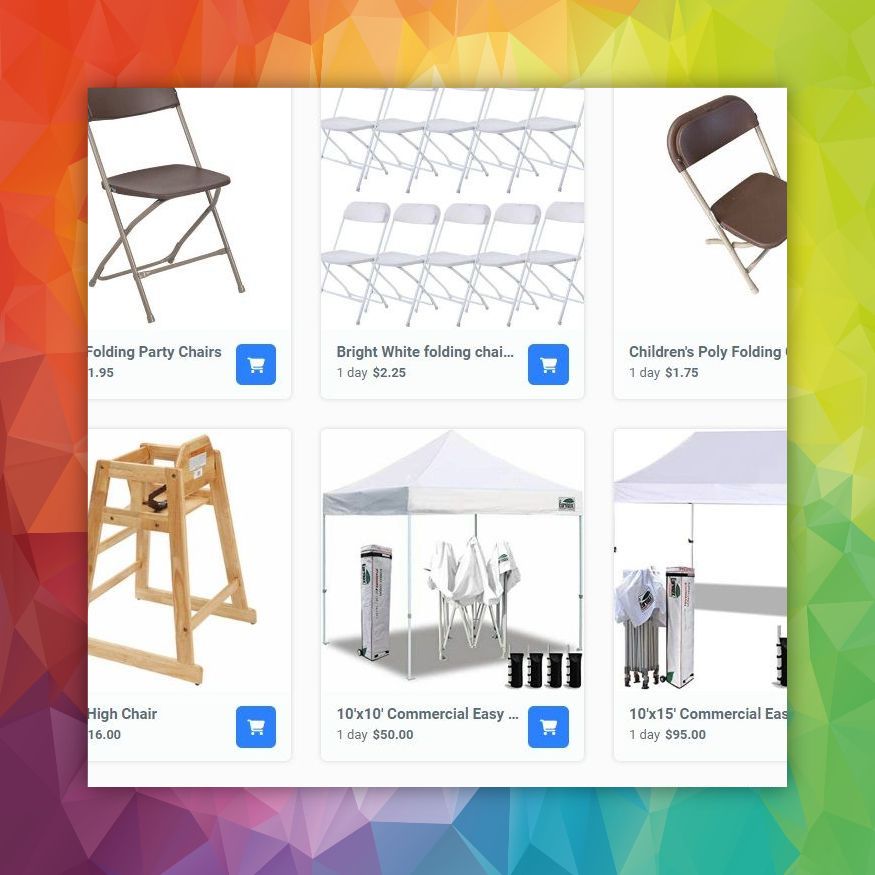 a website displays a variety of folding chairs and tents .