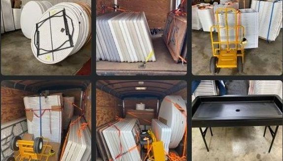 a collage of pictures of a truck filled with chairs and tables .