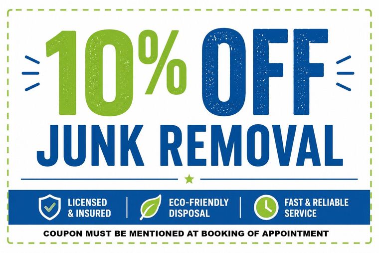 10% off junk removal coupon in green and blue with licensed, eco-friendly, and fast service badges