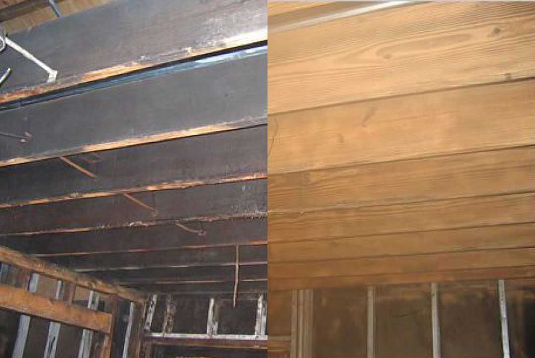 A before and after picture of a wooden ceiling.