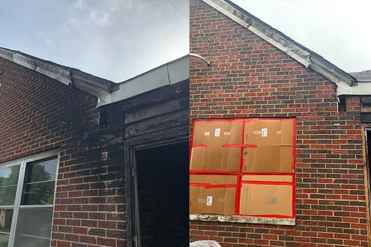 A before and after picture of a brick house with a cardboard box on the window.