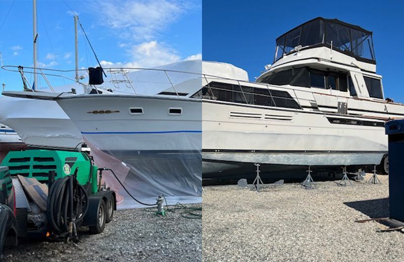 A before and after photo of a boat being painted