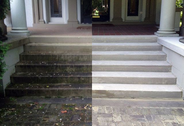 A before and after photo of a set of stairs.