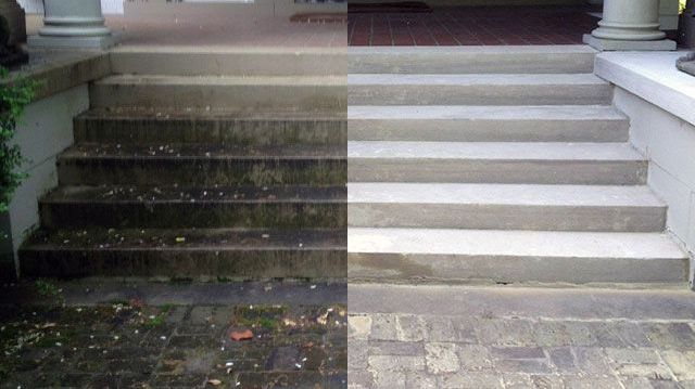 A before and after photo of a set of stairs.