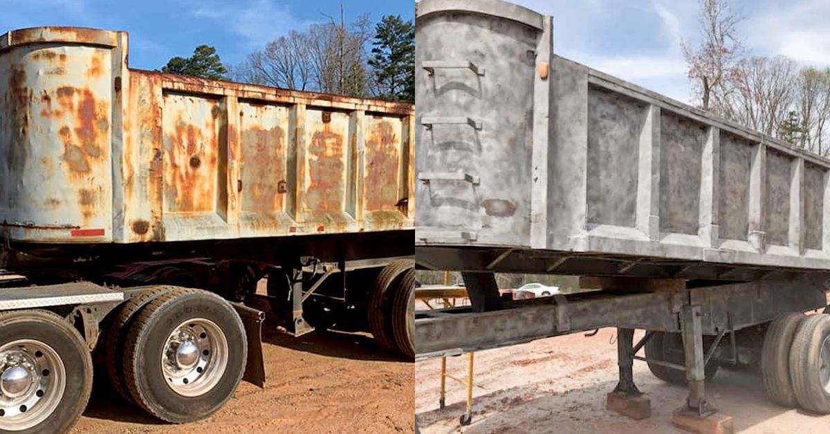 A before and after picture of a rusty dump truck.