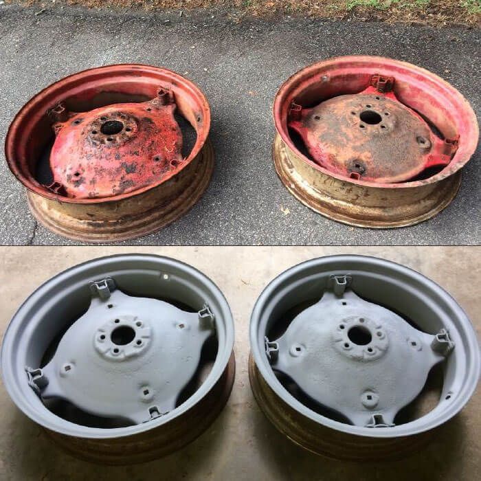 Two tractor wheels are shown before and after being painted