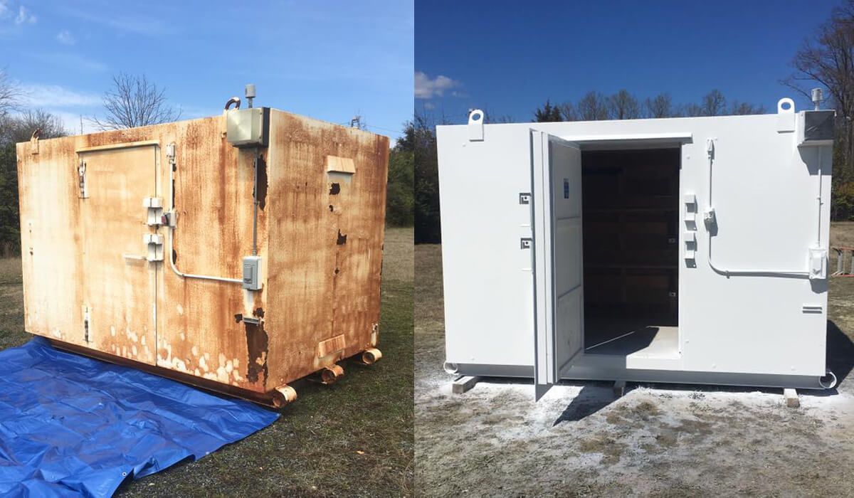 A before and after picture of a rusty building and a white building.