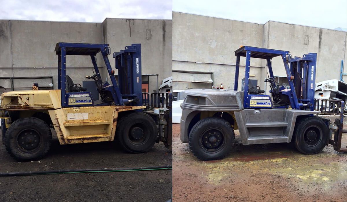 Two pictures of a forklift before and after being cleaned.