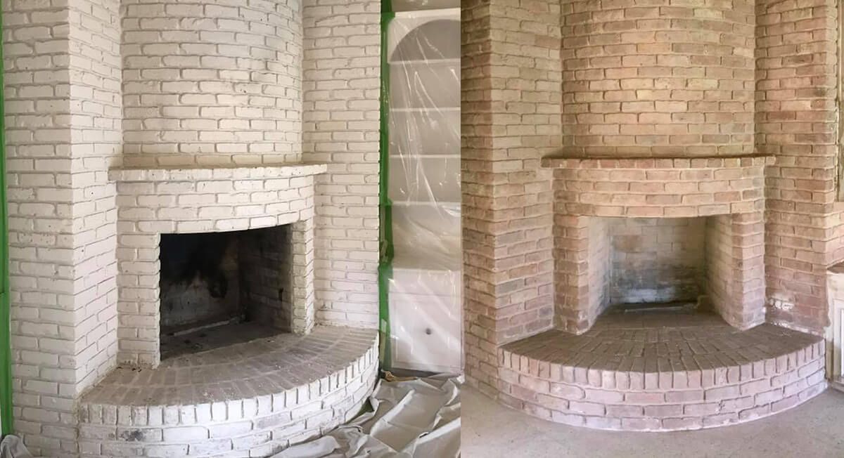 A before and after picture of a brick fireplace in a living room.