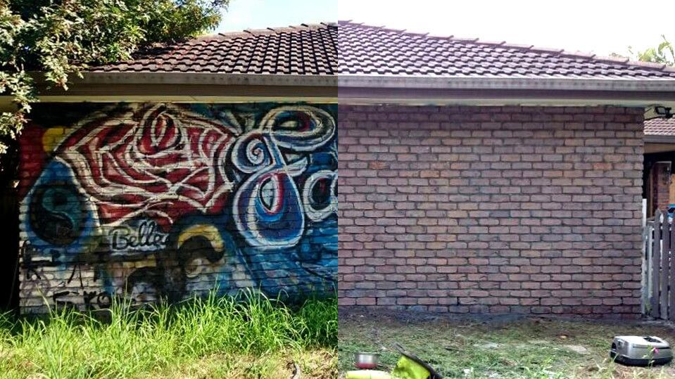 A before and after picture of a brick house with graffiti on it.