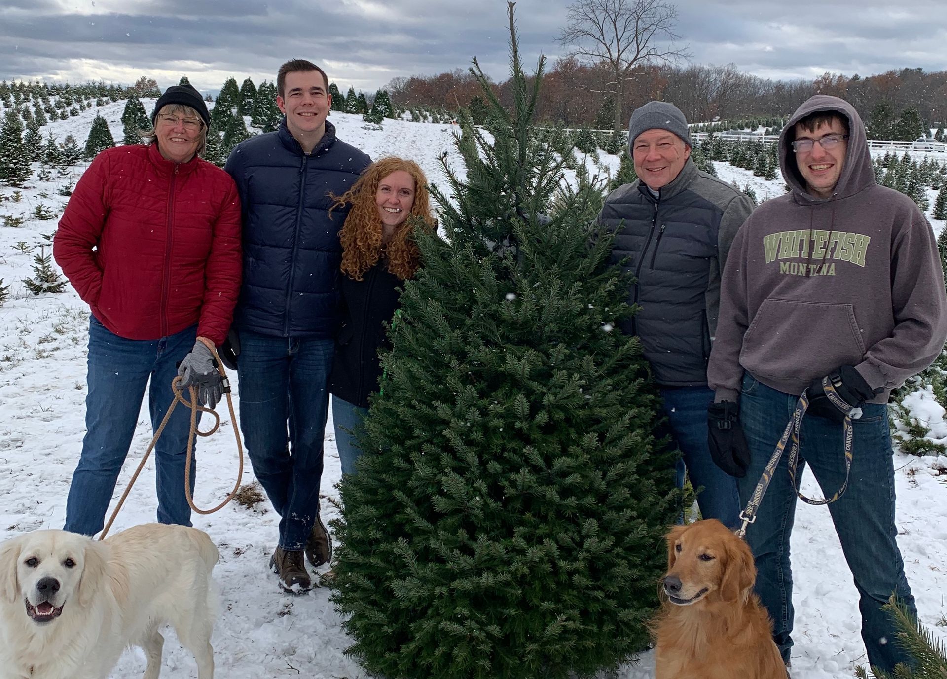 A group of people standing next to a christmas tree in the snow.