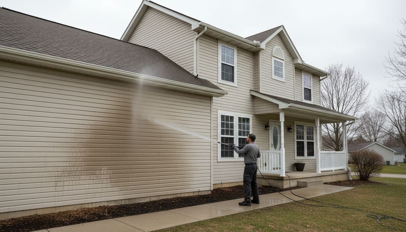 A person power washes the side of a light-colored, two-story suburban house.