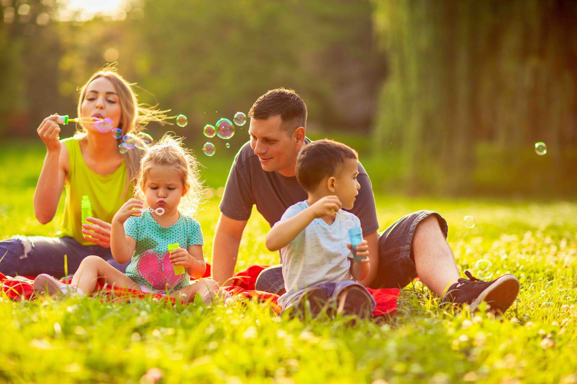 Family blowing bubbles in a sunny park; two children, and two adults, sitting on a blanket.