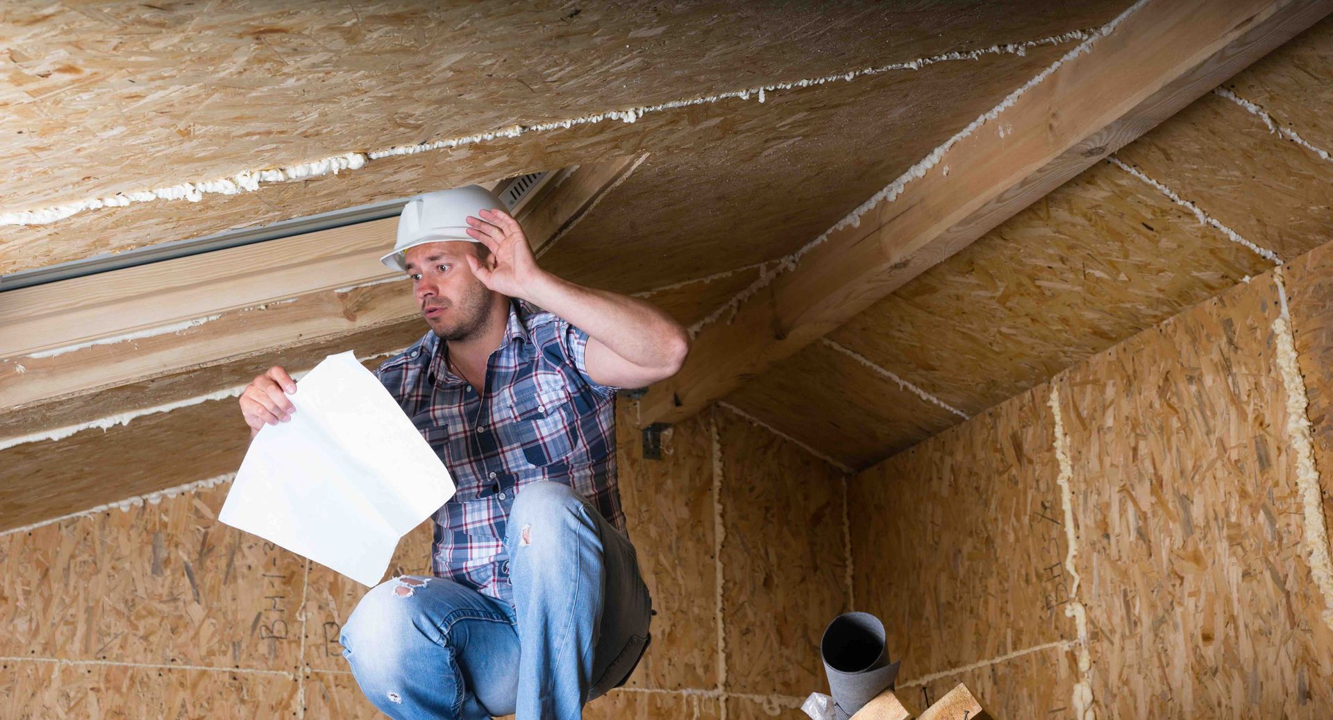 A man is kneeling down in an attic holding a piece of paper.