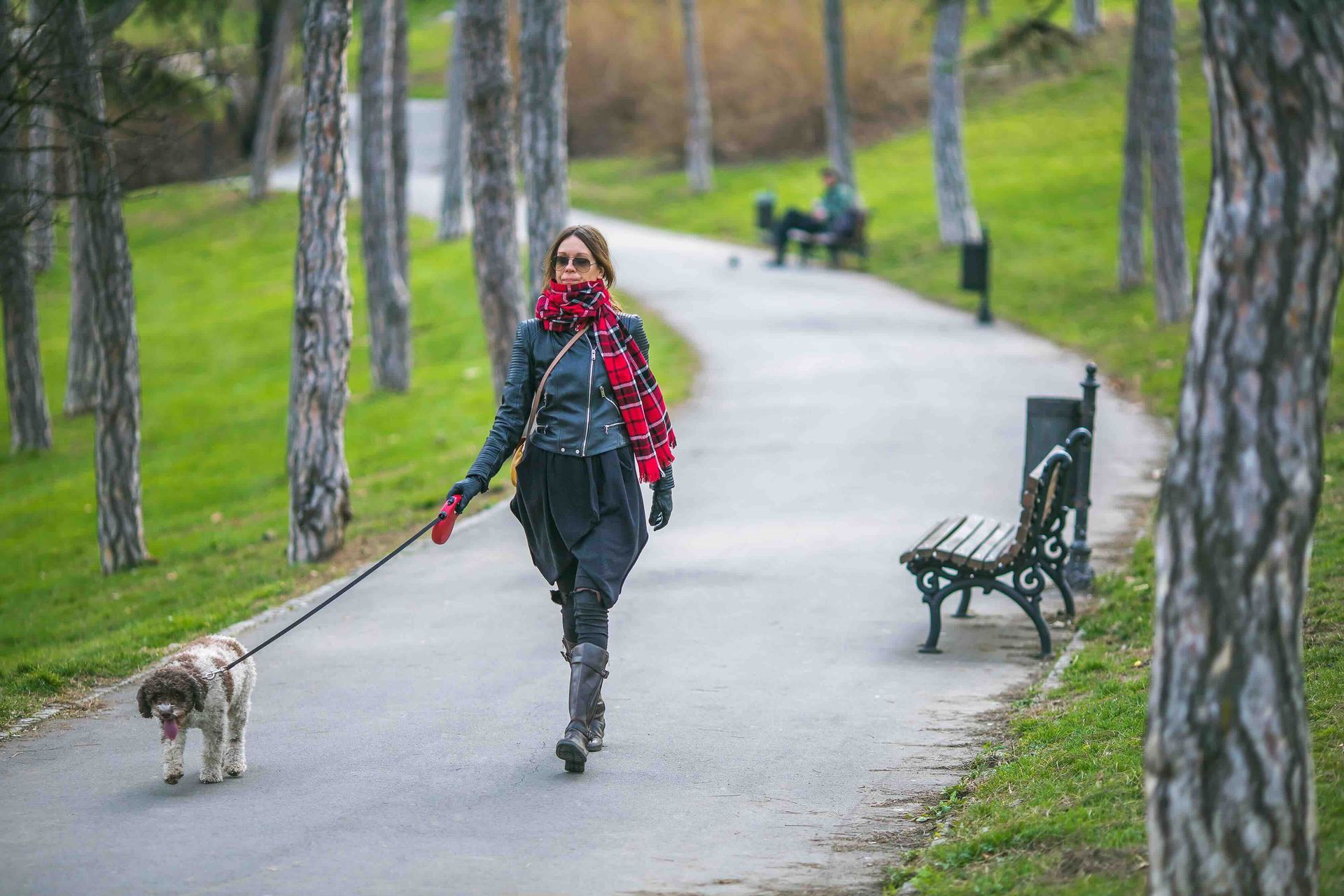 A woman is walking her dog on a leash in a park.