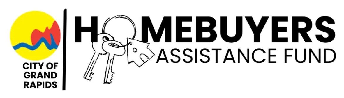 Logo for City of Grand Rapids Homebuyers Assistance Fund featuring a colorful abstract icon and a house-key graphic.