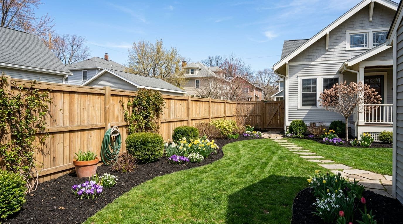 Well-manicured backyard with wooden fence, flower beds, and green lawn leading to a house.