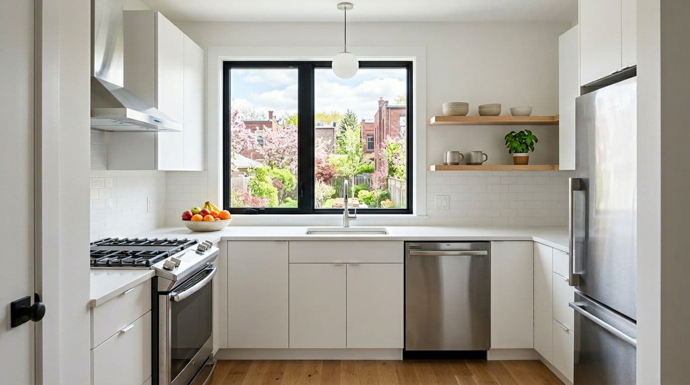 Modern white kitchen with stainless steel appliances, window overlooking trees, and light wood floors.