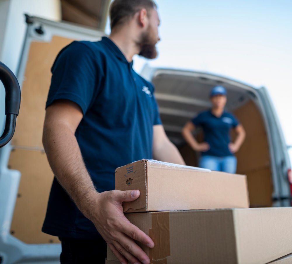 A man is holding a cardboard box in front of a van.