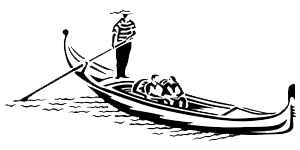 A black and white drawing of a man in a gondola.