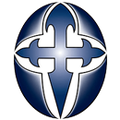 A blue and white cross in a circle on a white background.