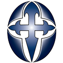 A blue and white cross in a circle on a white background.