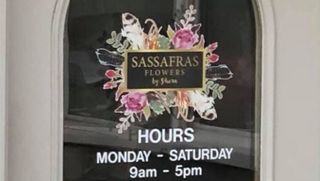Commercial Signage — Sassafras Flowers Window Lettering in Hermiston, OR