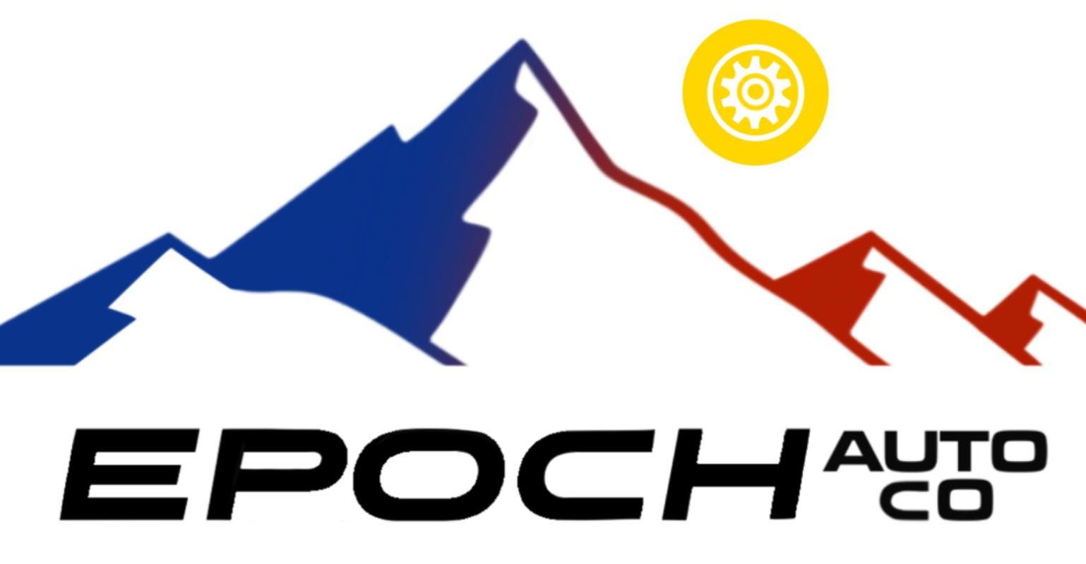 Logo for Epoch Auto Co. featuring mountains in blue and red with a yellow gear and company name.