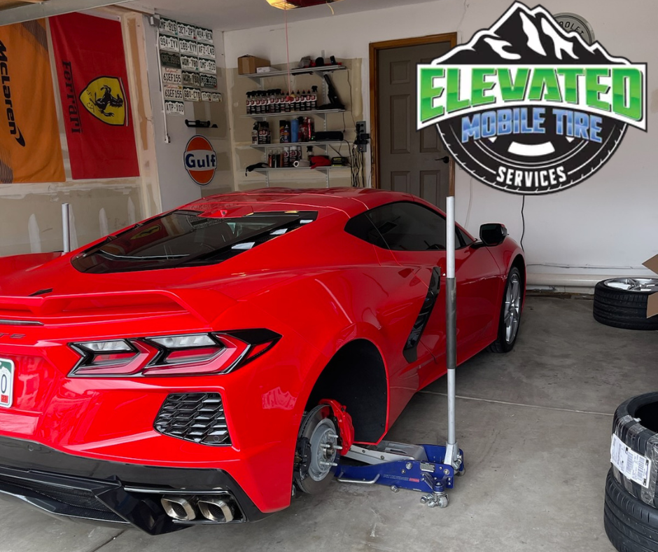Red Corvette serviced at Elevated Tire