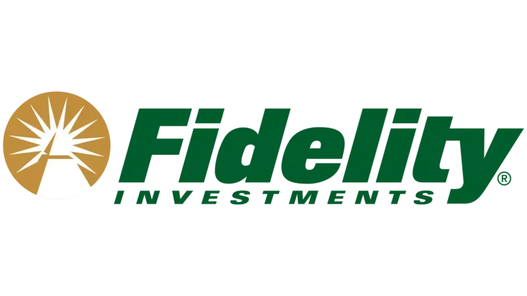 Fidelity Investments logo: green text with gold sunburst icon.