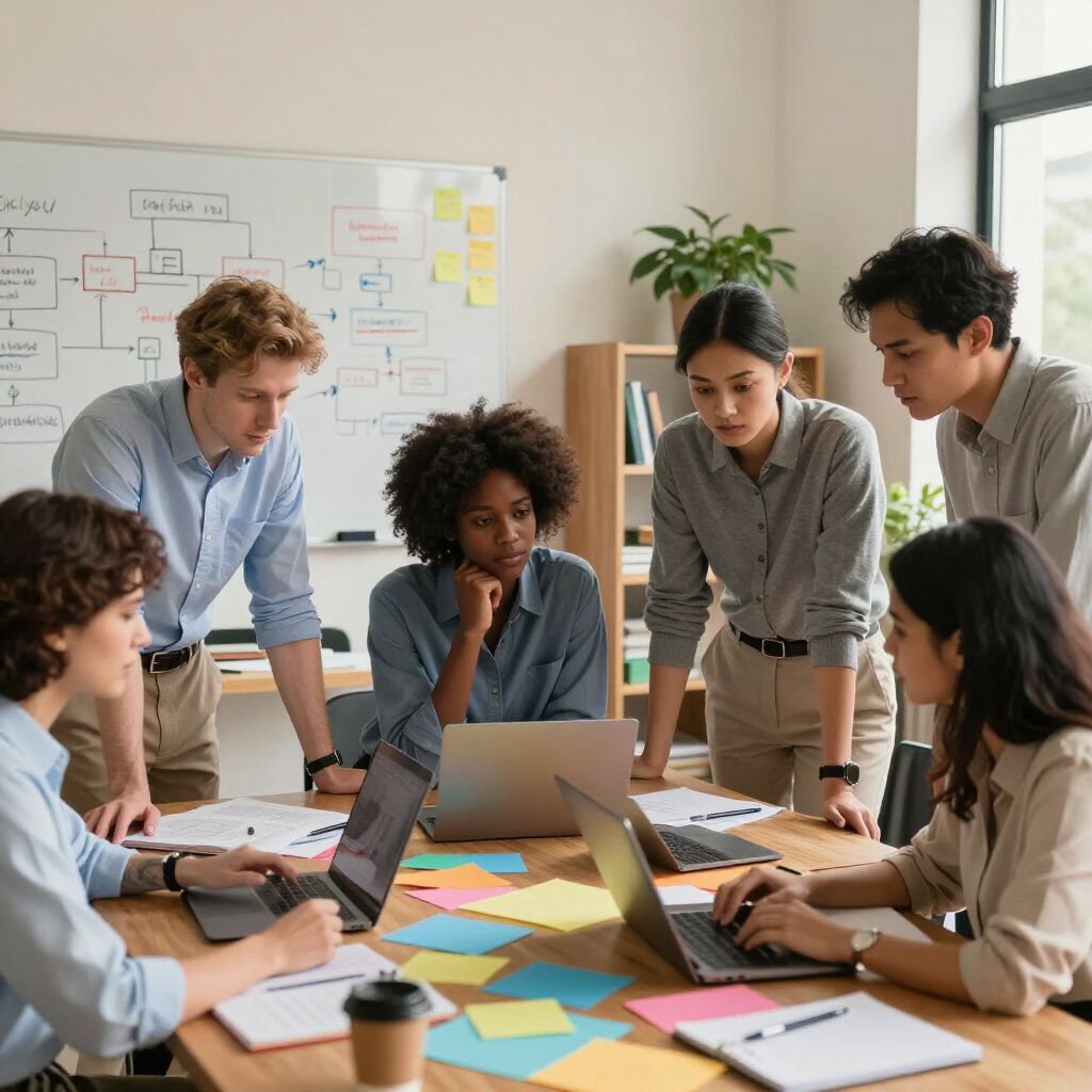Grupo de pessoas trabalhando em volta de uma mesa com laptops, fazendo brainstorming e colaborando em um ambiente de escritório.