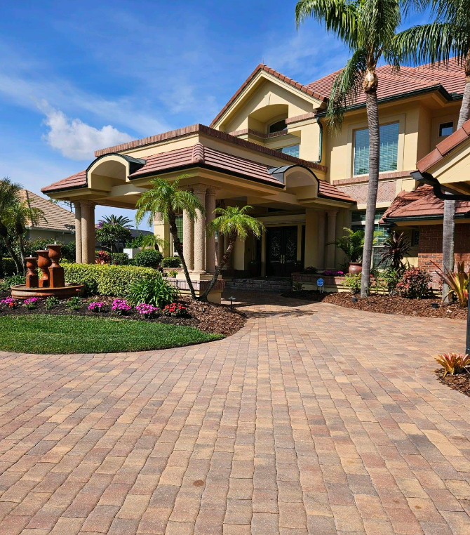Luxury suburban house with tiled driveway, palm trees, and landscaped entrance under a bright blue sky