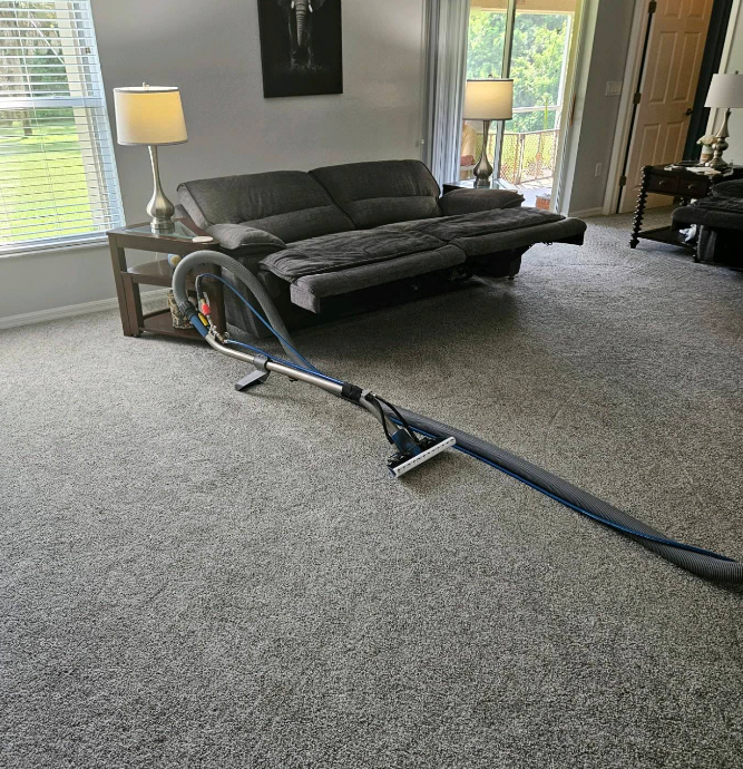Living room with gray sofa, lamps, and a vacuum cleaner on the carpet