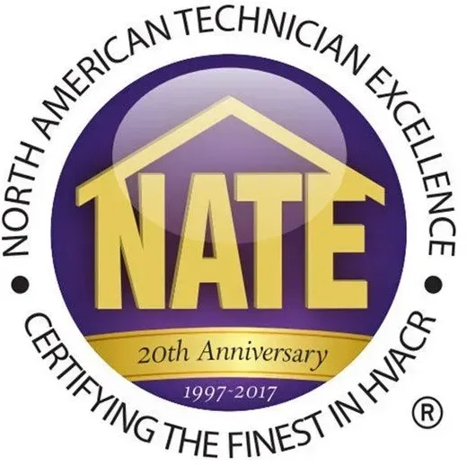 NATE certification logo with yellow letters on a purple shield and circular black text around it