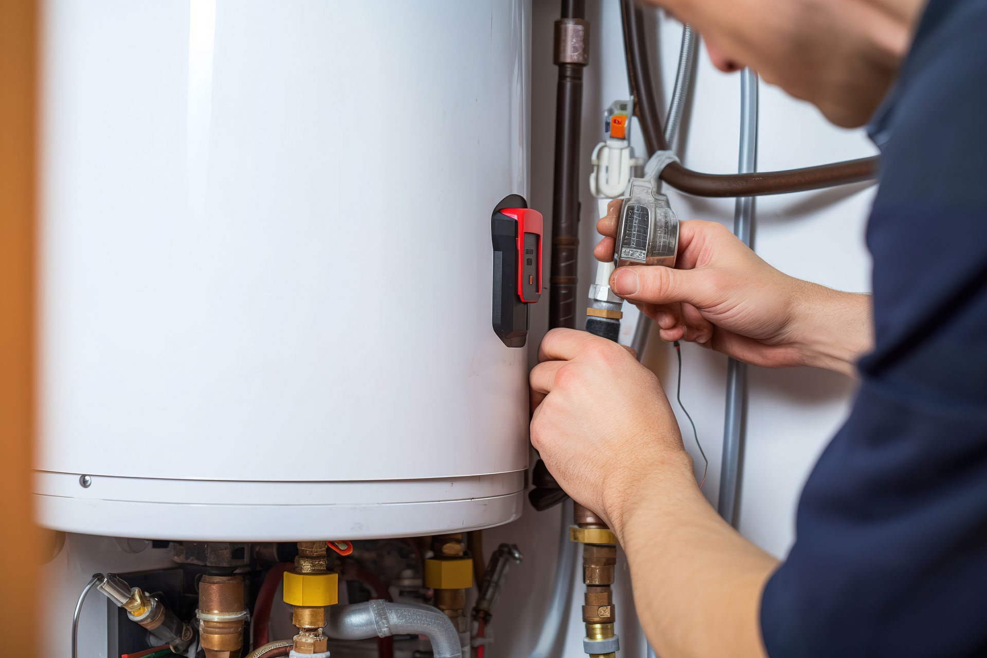 Technician adjusting a water heater valve with a wrench beside plumbing pipes