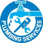 Blue plumbing services logo with a wrench, pipe, and faucet icon inside a circular emblem.