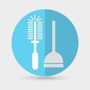 Blue circular icon with a white hairbrush and toilet plunger side by side.