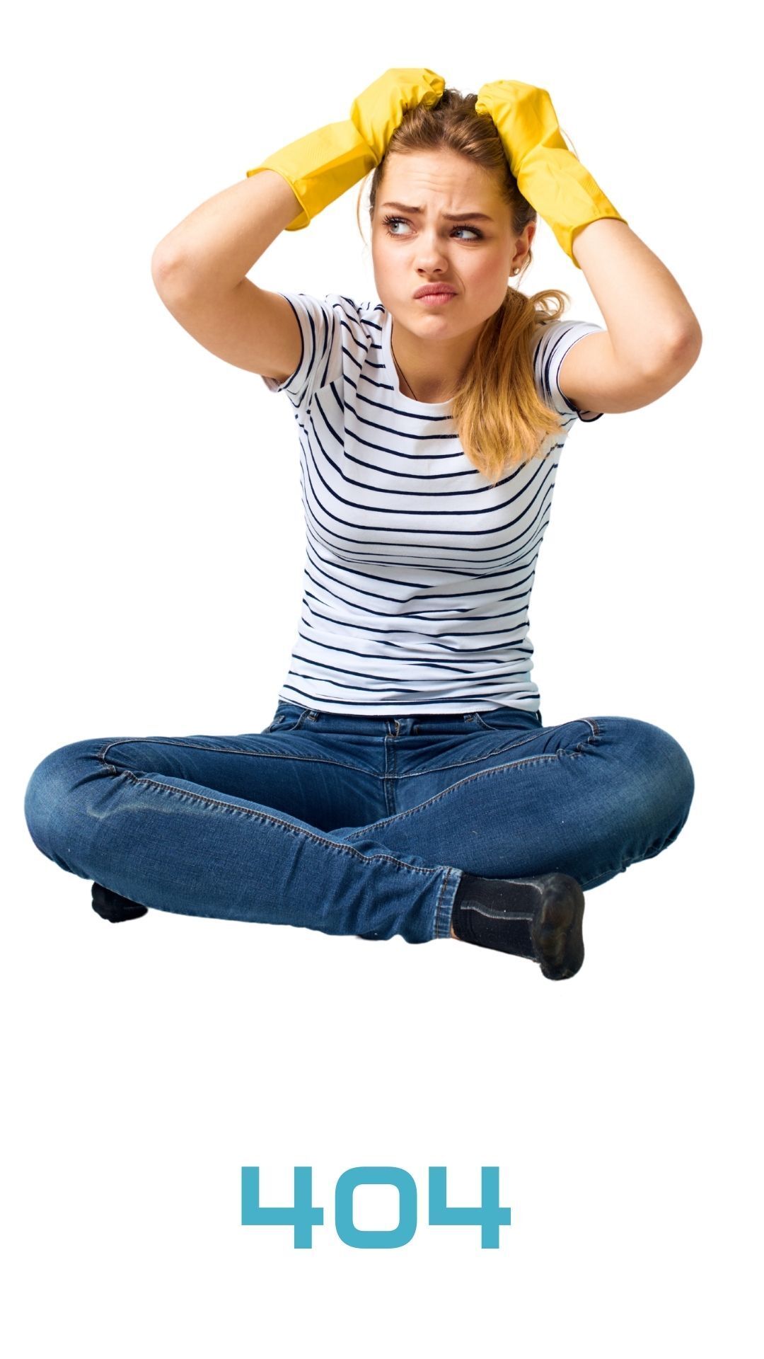 A distressed cleaner with hands on her head, showing frustration and confusion, indicating a page error or not found.