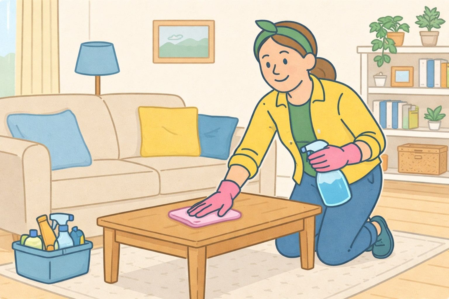 Woman cleaning a wooden table in a living room, wearing gloves and using a spray bottle.