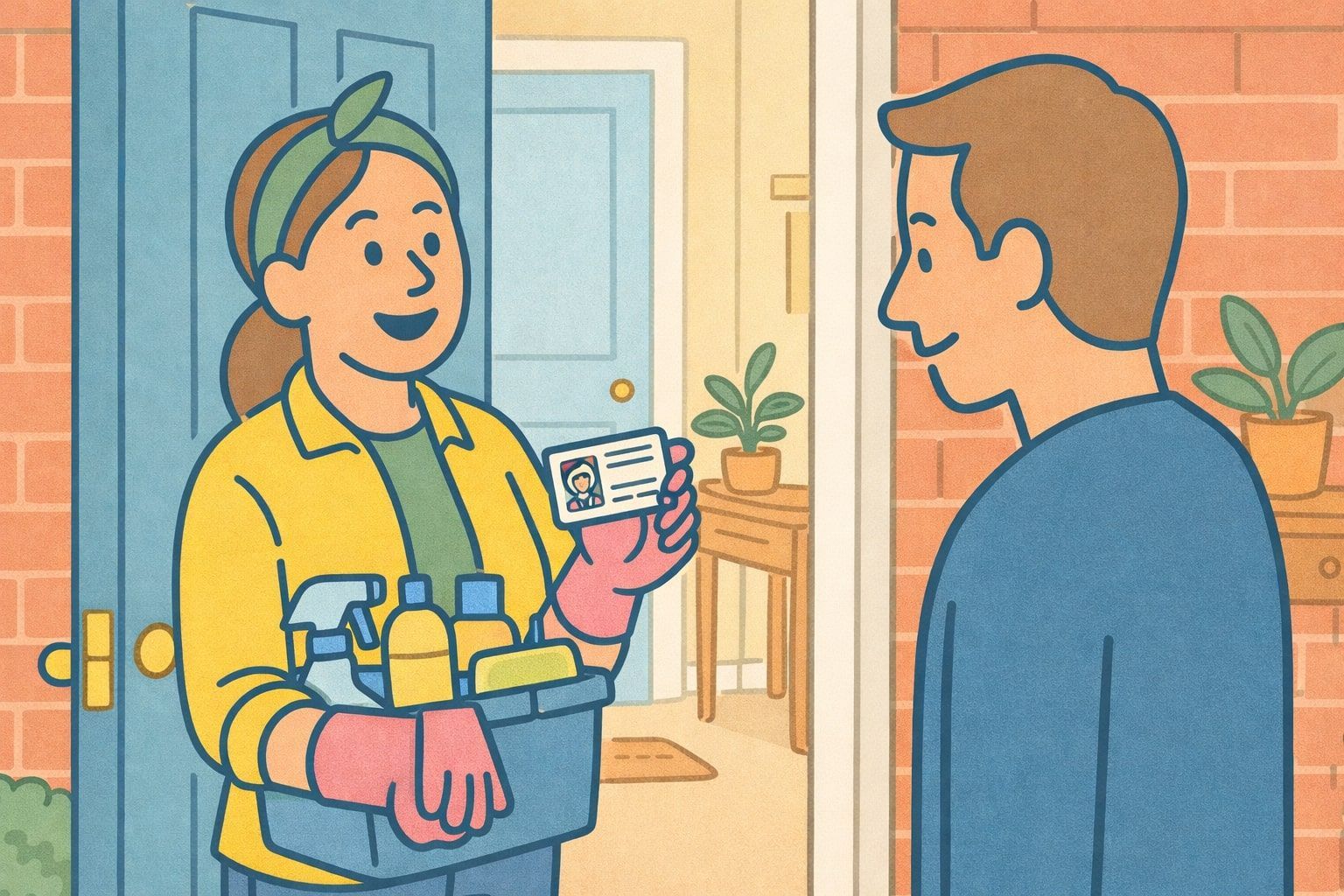 Woman holding cleaning supplies and ID card, smiling at a man at a doorway.