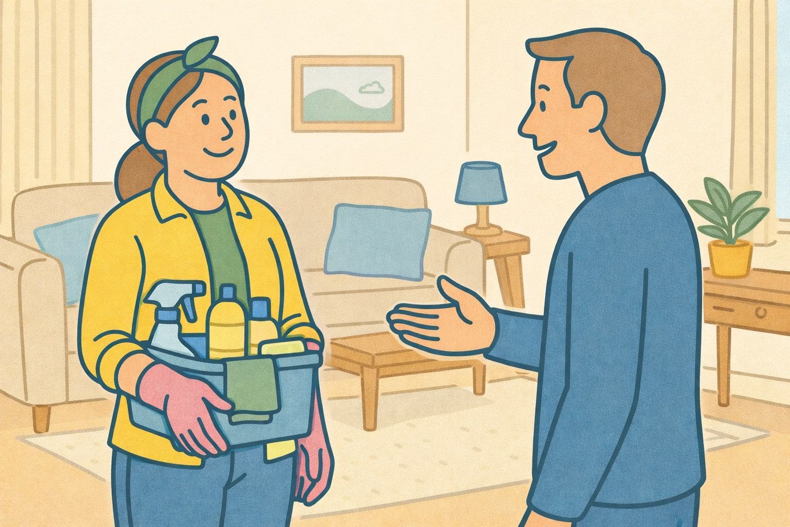 Woman with cleaning supplies greets a man in a living room.