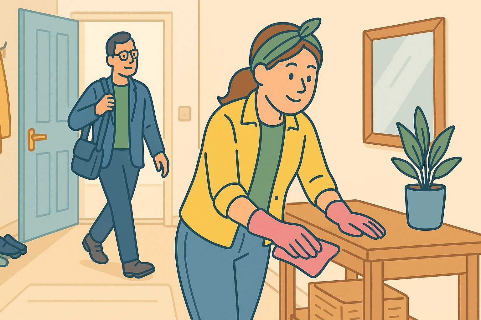 Woman wearing gloves cleans a table as a person walks through the open door.