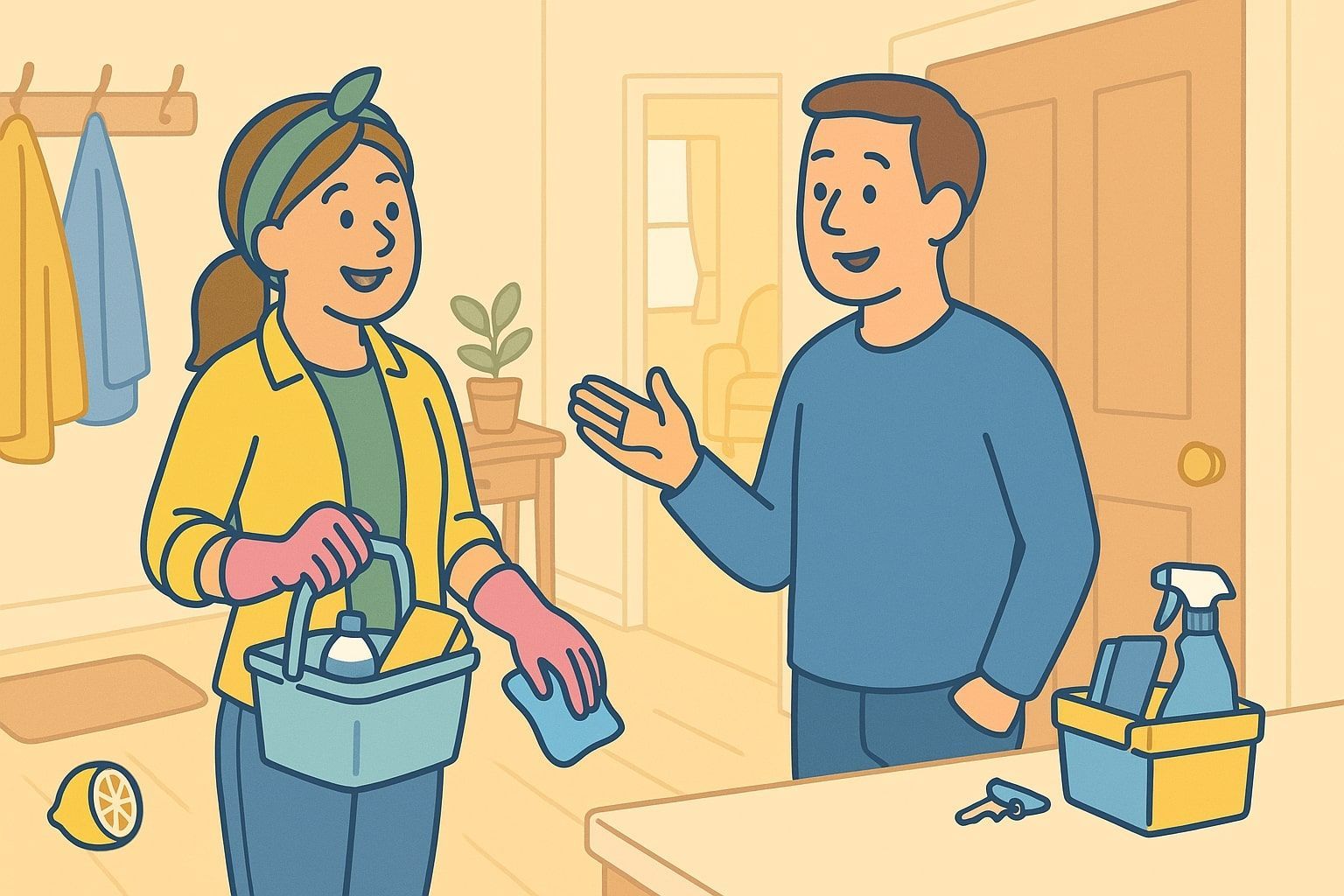 Woman with cleaning supplies greets man at the door; a basket of supplies is in her hand.