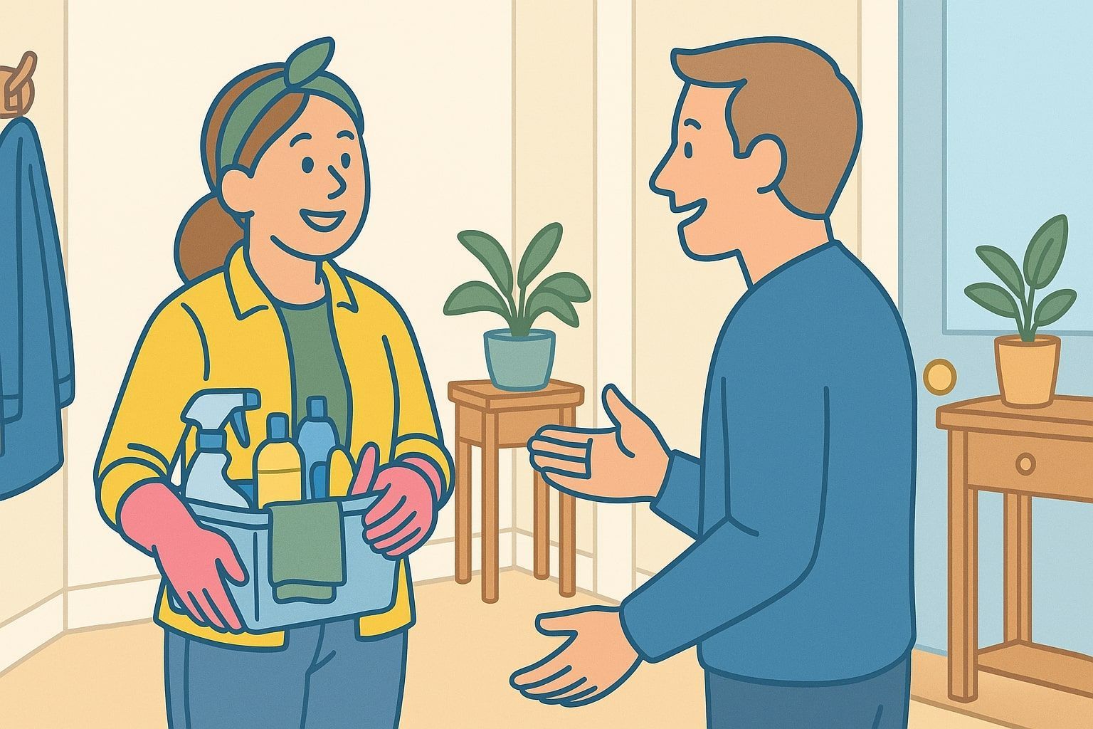 Woman with cleaning supplies greets a man in a doorway, smiling.